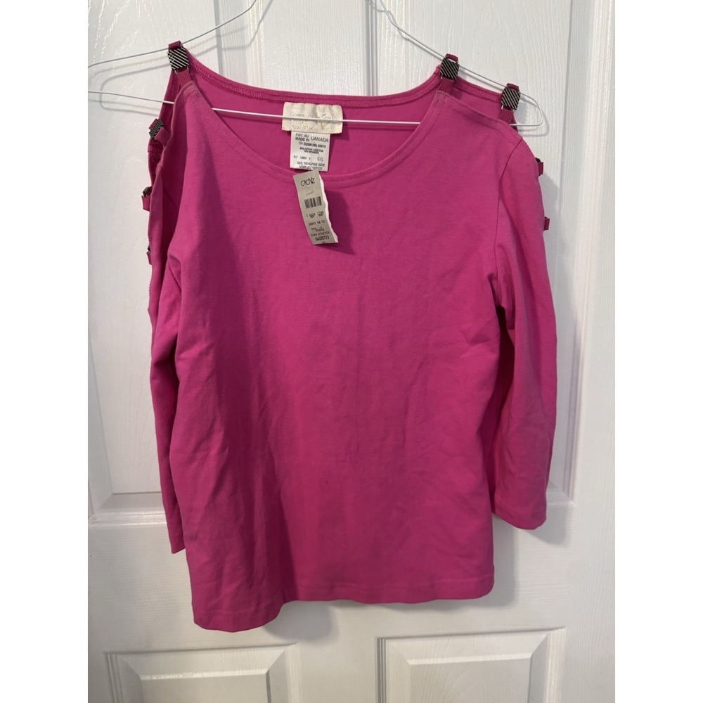 Cache Womens Large Pink Cutout Sleeve Top Metal Hardware Cotton Stretch NWT Y2K